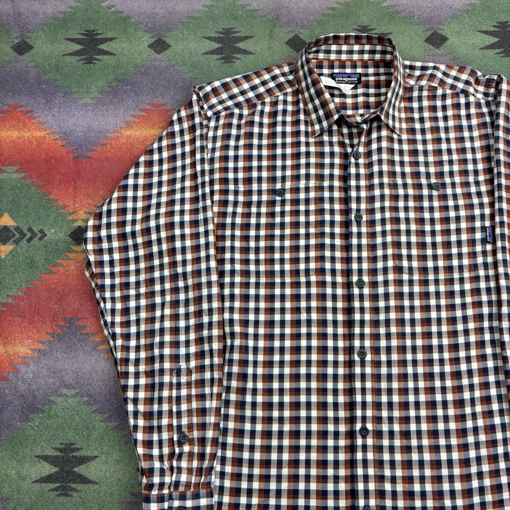 Patagonia Button Up Shirt Men's Medium Brown Plaid Check Long Sleeve Cotton - Picture 3 of 10